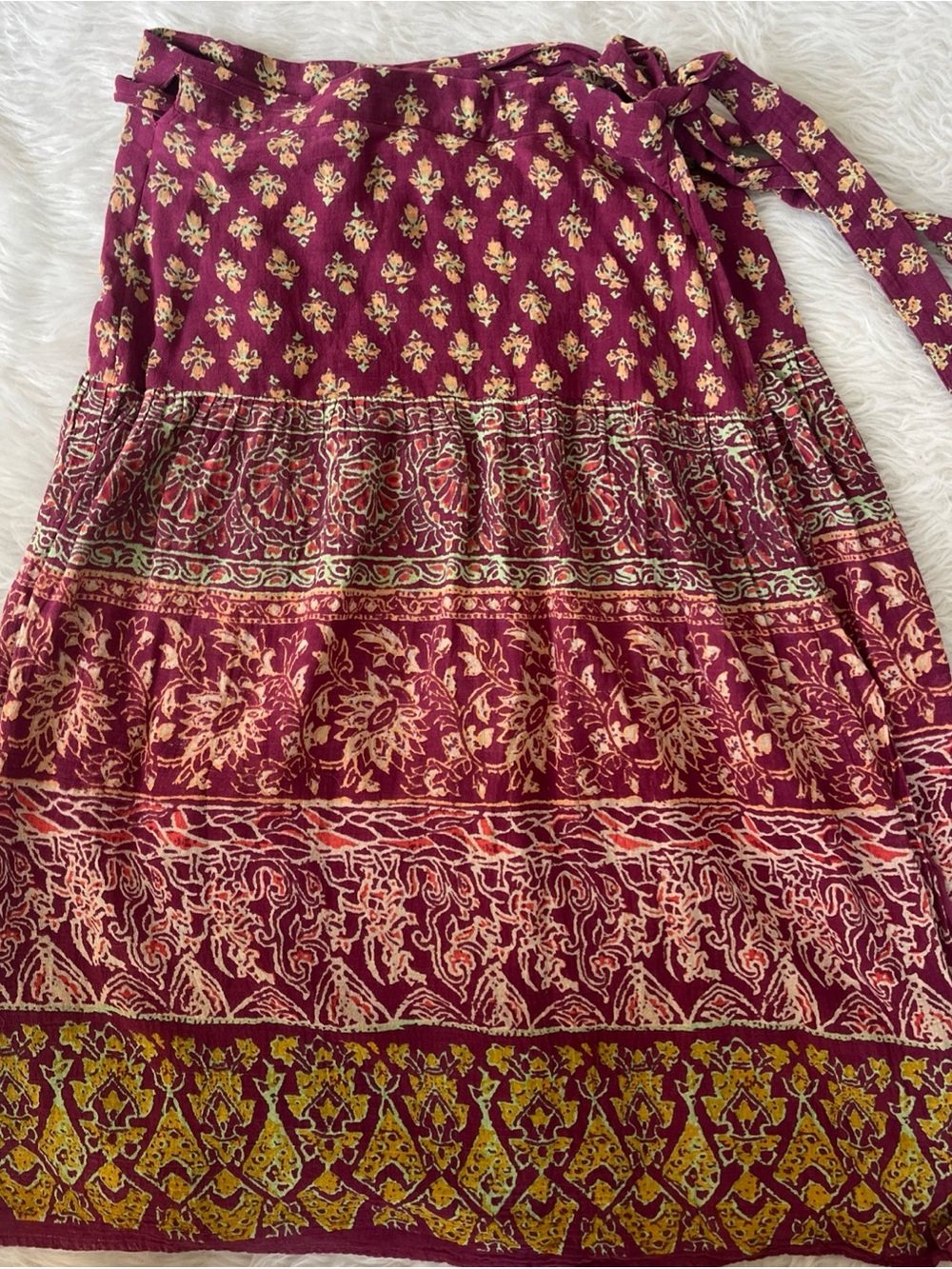 J. Peterman Floral Wrap Skirt in Burgundy with Yellow Accents